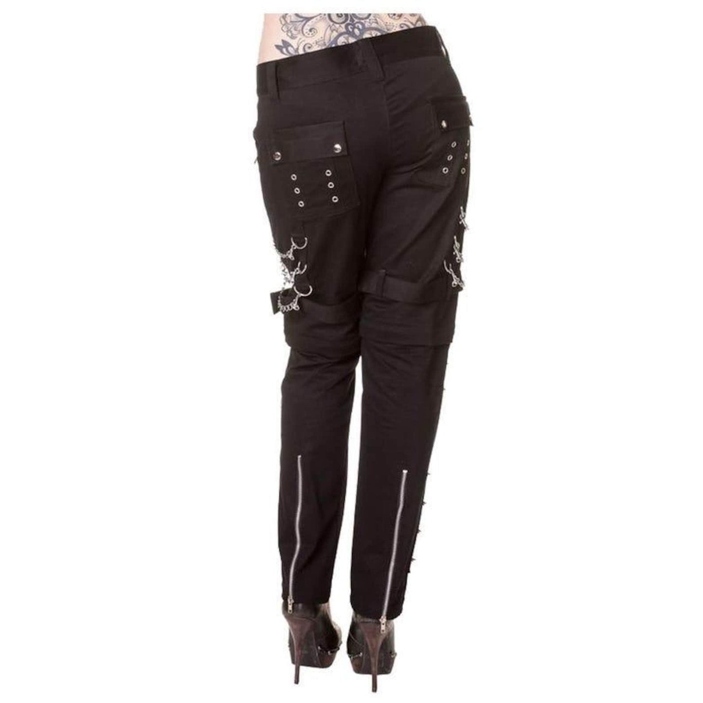 Gothic Black Cargo Pants: Silver Chains, Zippers, Punk Streetwear