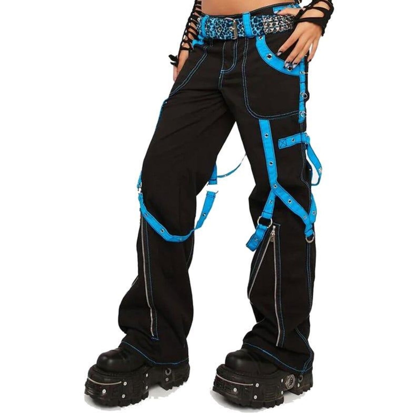 Gothic Bondage Pants Women | Black Cargo Pants Blue Straps | Alternative Streetwear | Punk Fashion | Gift For Her