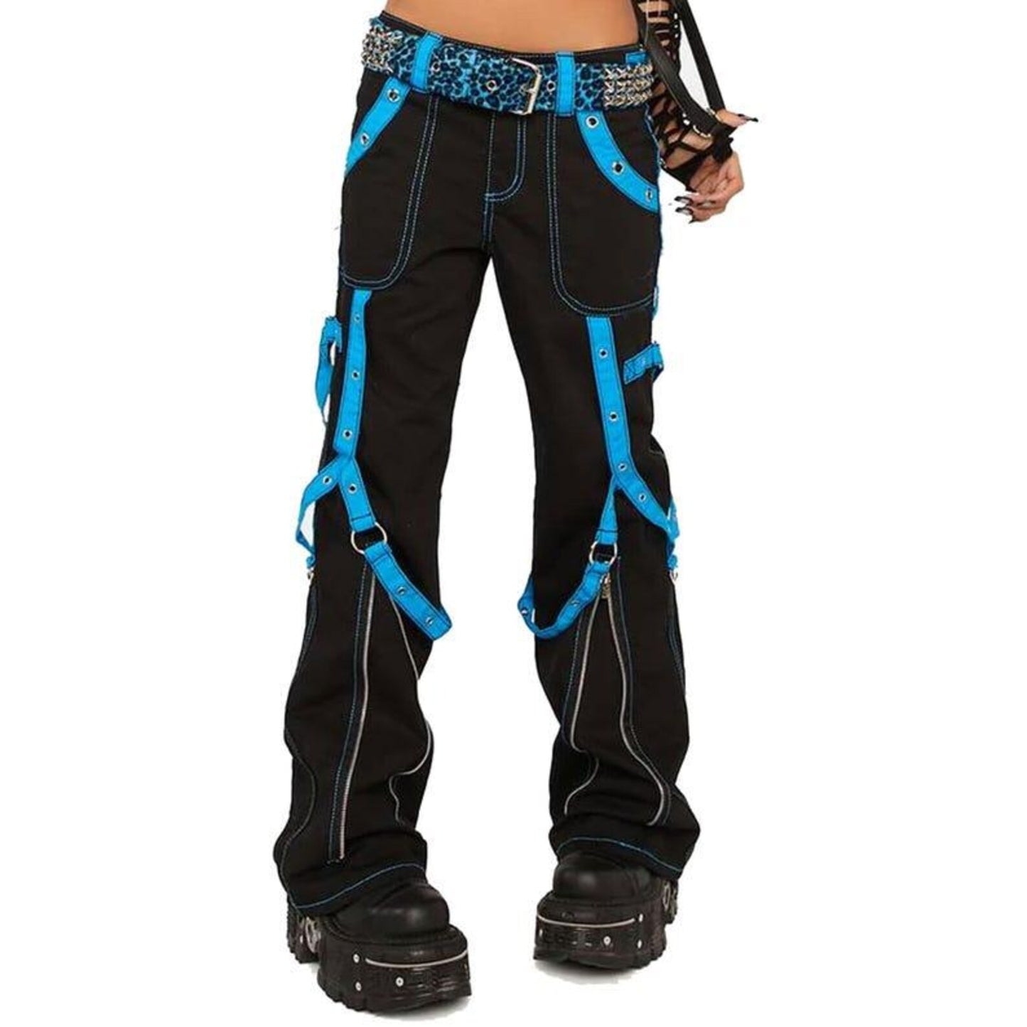 Gothic Bondage Pants Women | Black Cargo Pants Blue Straps | Alternative Streetwear | Punk Fashion | Gift For Her
