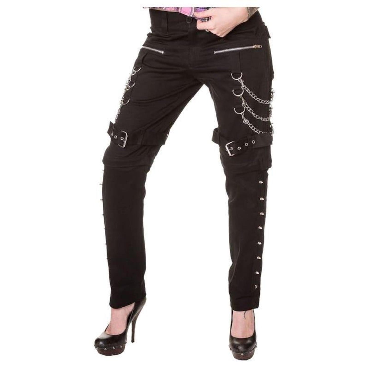 Gothic Black Cargo Pants: Silver Chains, Zippers, Punk Streetwear