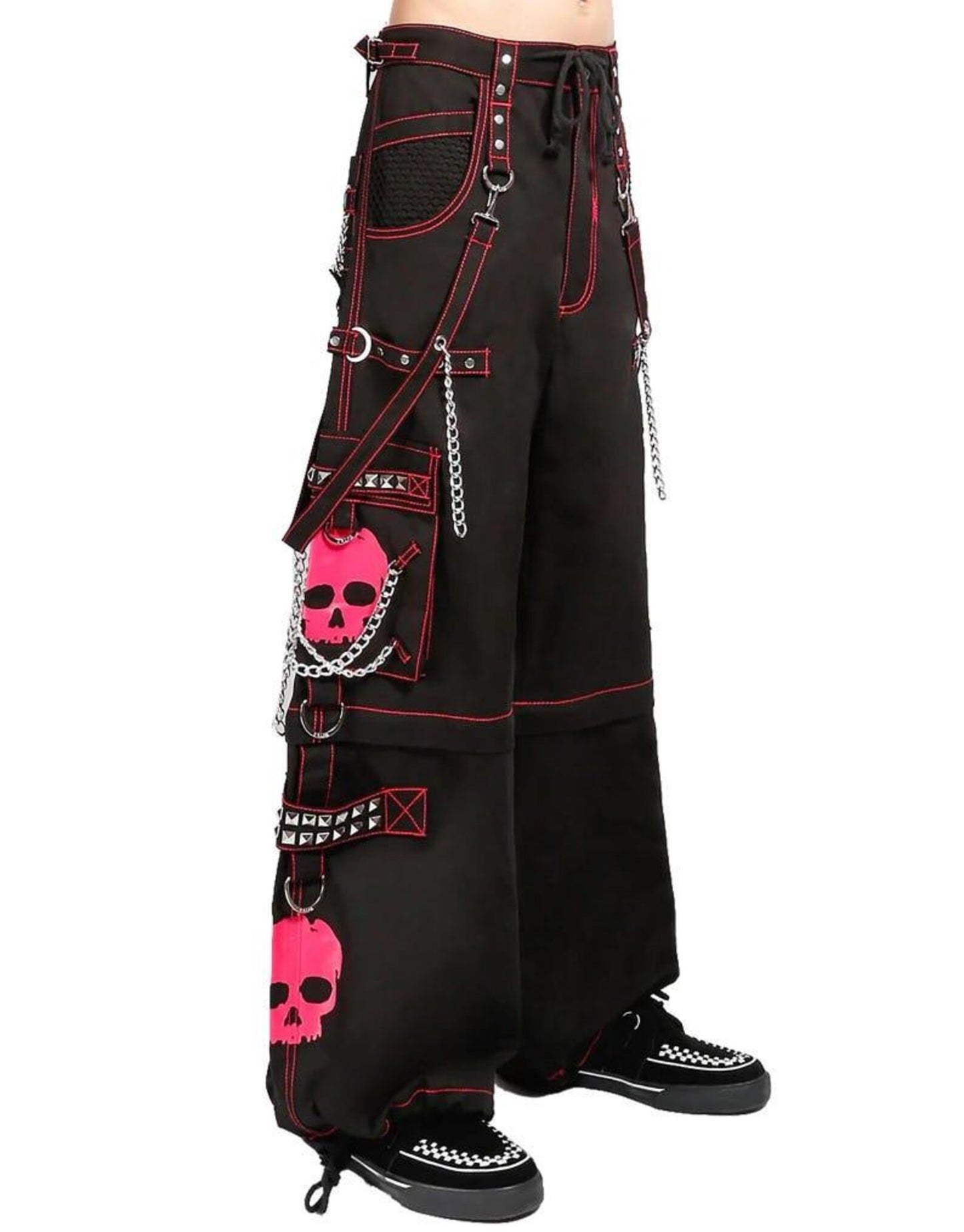 Gothic Pink Skull Cargo Pants | Punk Wide-Leg Trousers with Chains