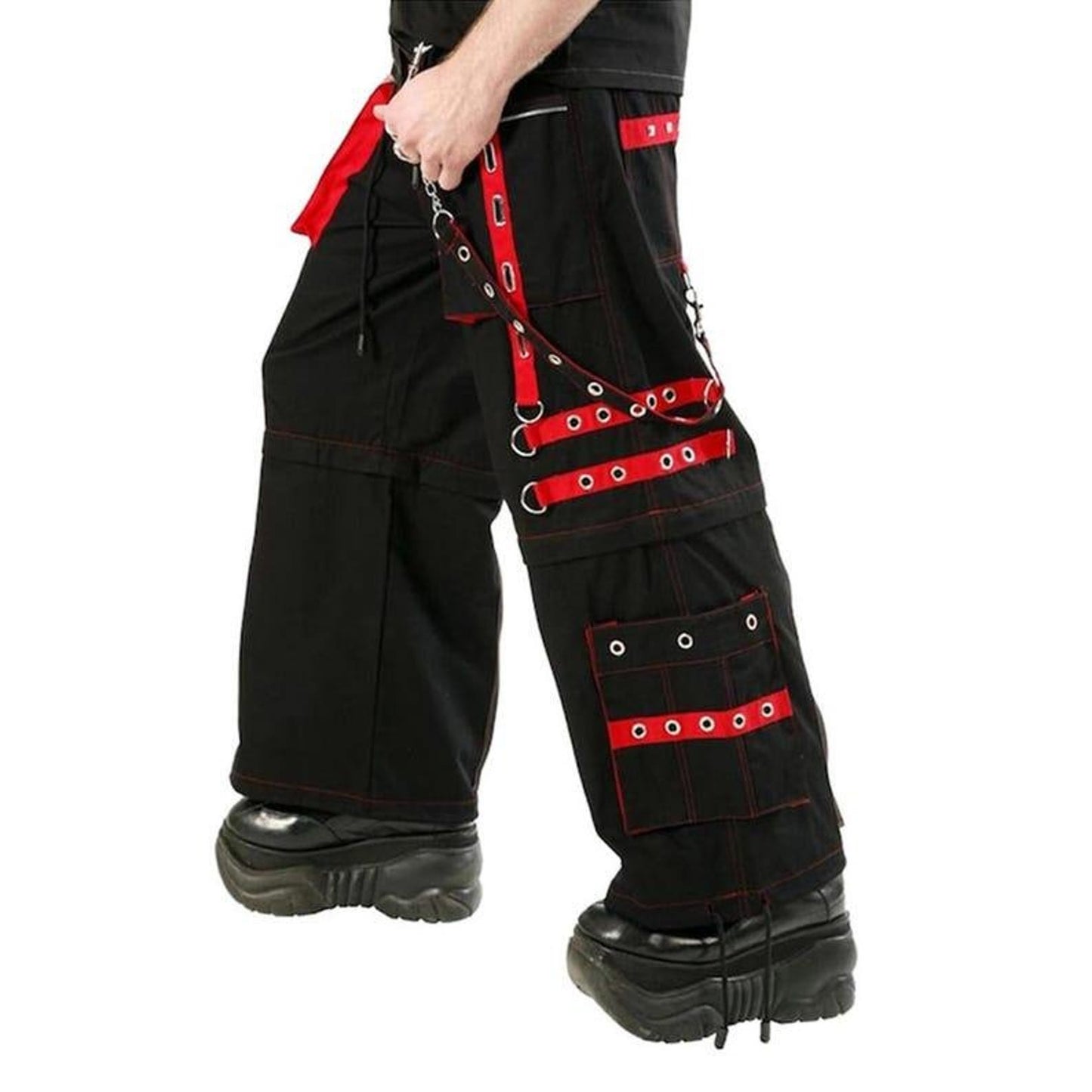 Gothic Cyberpunk Cargo Pants: Black & Red Straps, Chains, Zippers