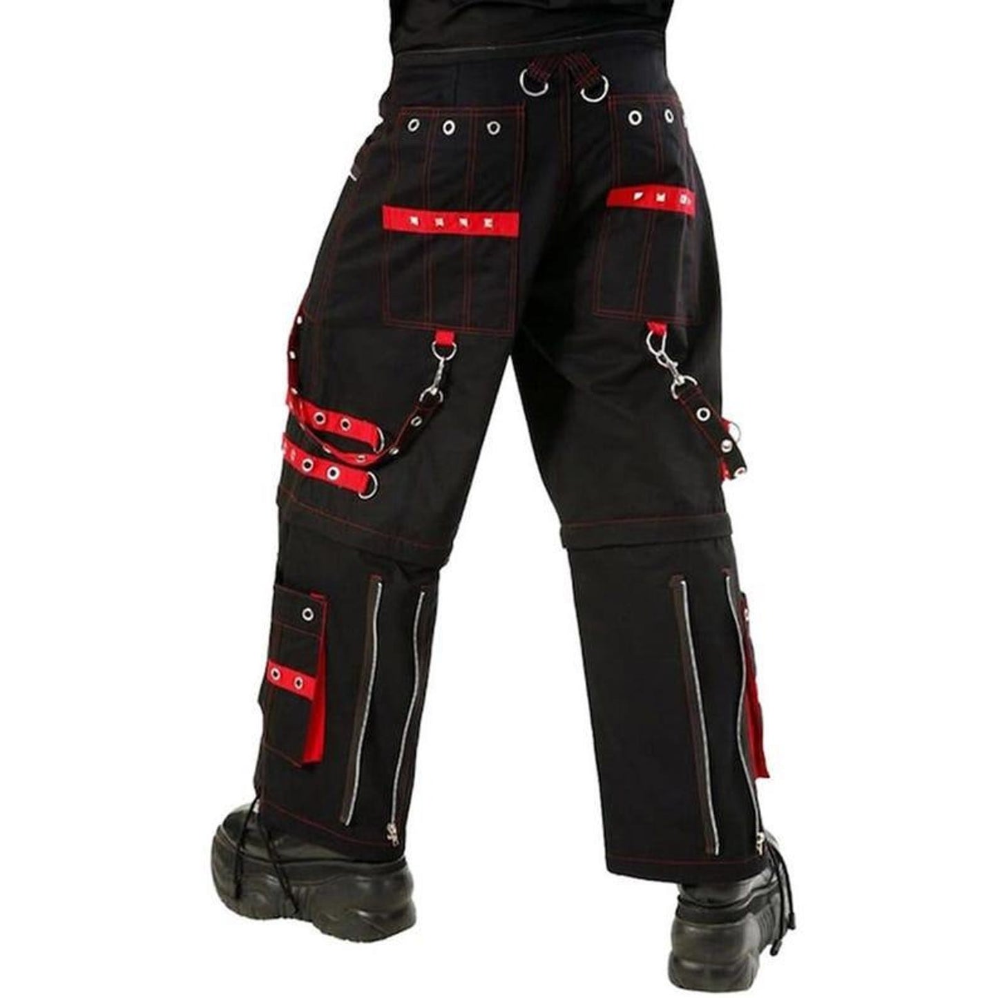 Gothic Cyberpunk Cargo Pants: Black & Red Straps, Chains, Zippers
