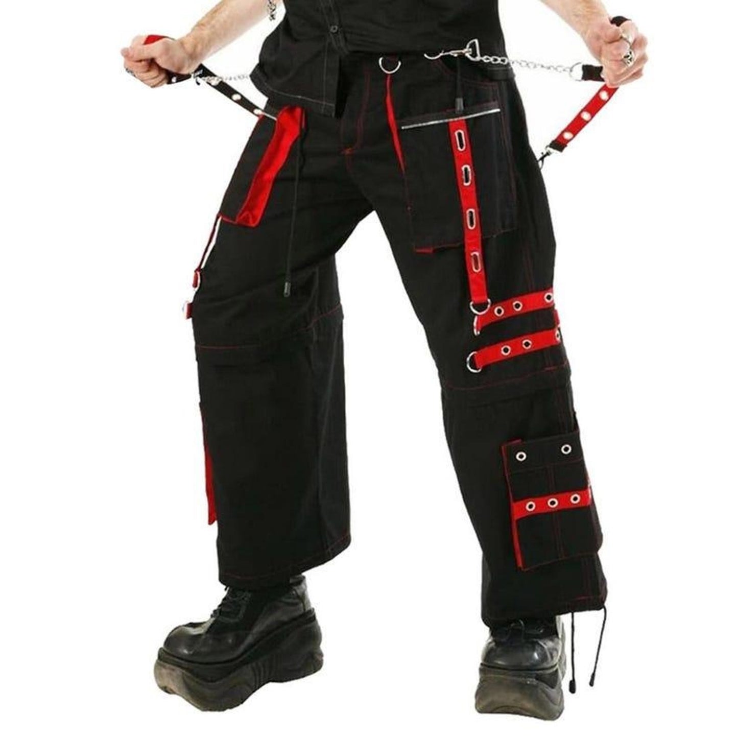 Gothic Cyberpunk Cargo Pants: Black & Red Straps, Chains, Zippers