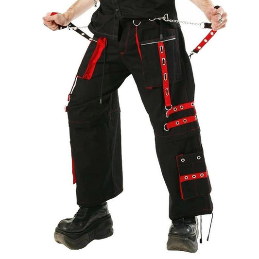 Gothic Cyberpunk Cargo Pants: Black & Red Straps, Chains, Zippers