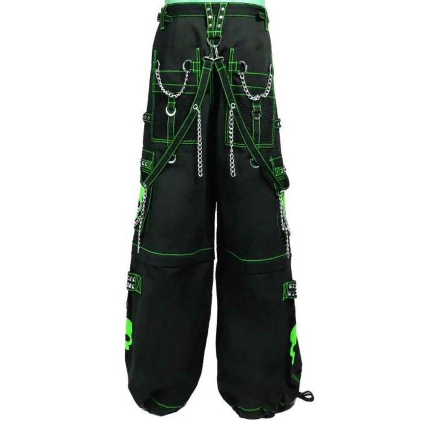 Gothic Neon Green Skull Cargo Pants: Baggy Chain Trousers