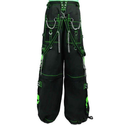 Gothic Neon Green Skull Cargo Pants: Baggy Chain Trousers