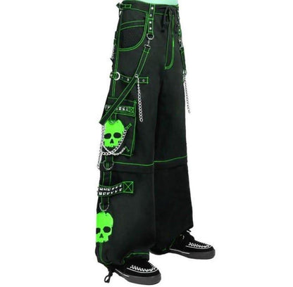 Gothic Neon Green Skull Cargo Pants: Baggy Chain Trousers