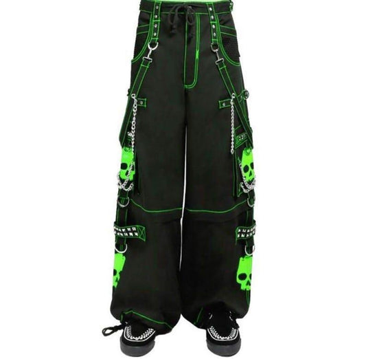 Gothic Neon Green Skull Cargo Pants: Baggy Chain Trousers