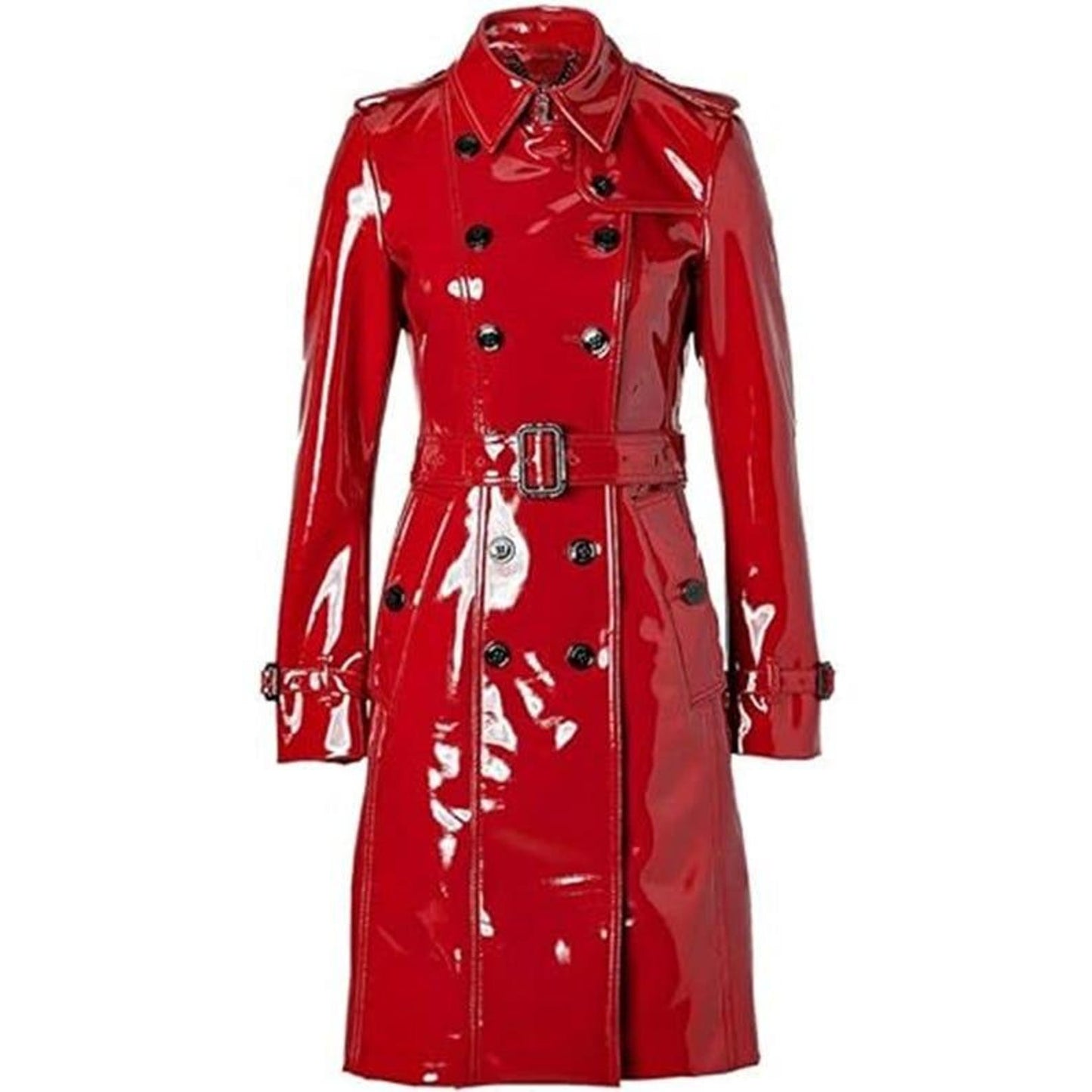 Red PVC Leather Raincoat: Glossy Lightweight Trench Coat