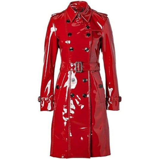 Red PVC Leather Raincoat: Glossy Lightweight Trench Coat