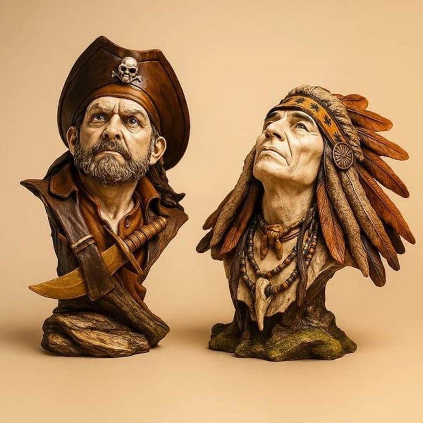 Handmade Pirate & Native American Statue Set: Cultural Decor
