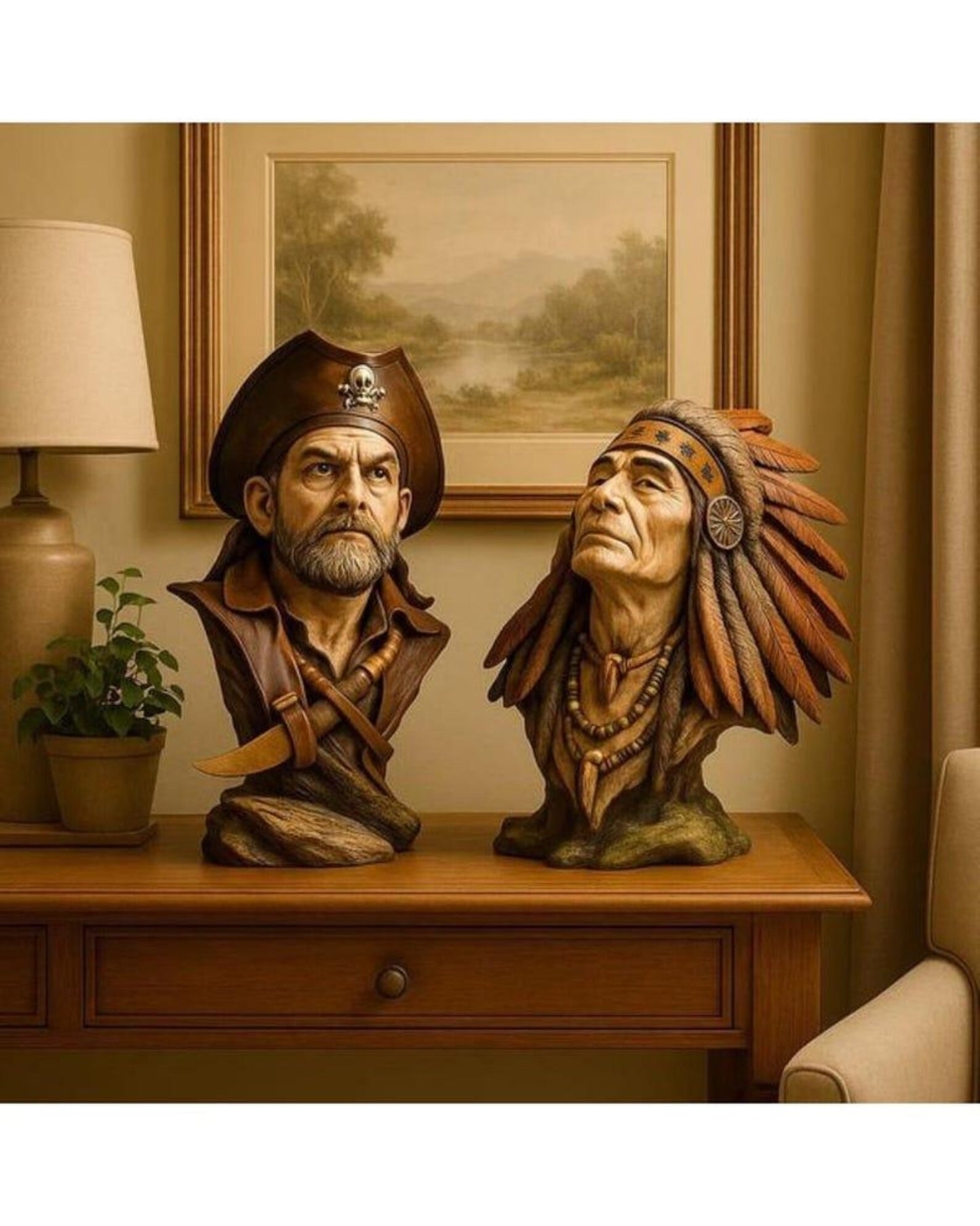 Handmade Pirate & Native American Statue Set: Cultural Decor