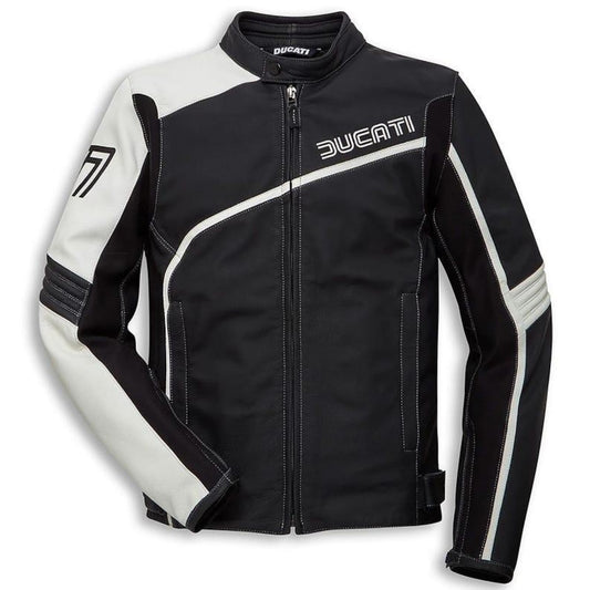 Ducati Corse Leather Motorcycle Jacket: Black & White Biker Racing Gear
