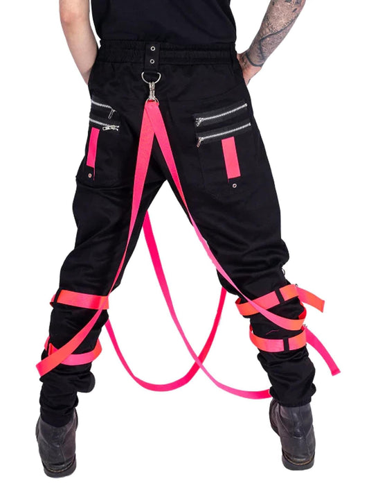Black Punk Cargo Pants with Pink Straps: Cyber Goth Streetwear