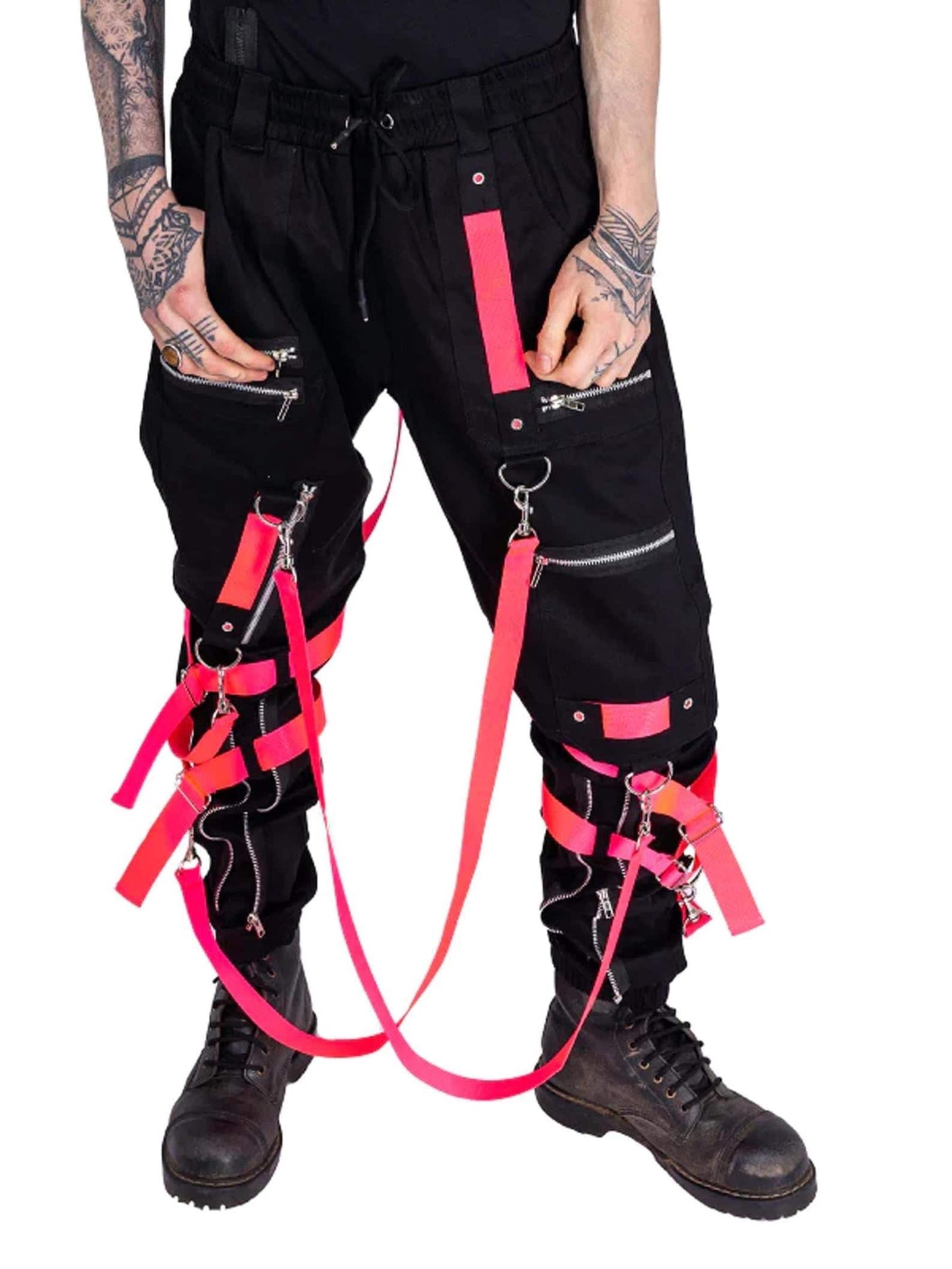 Black Punk Cargo Pants with Pink Straps: Cyber Goth Streetwear