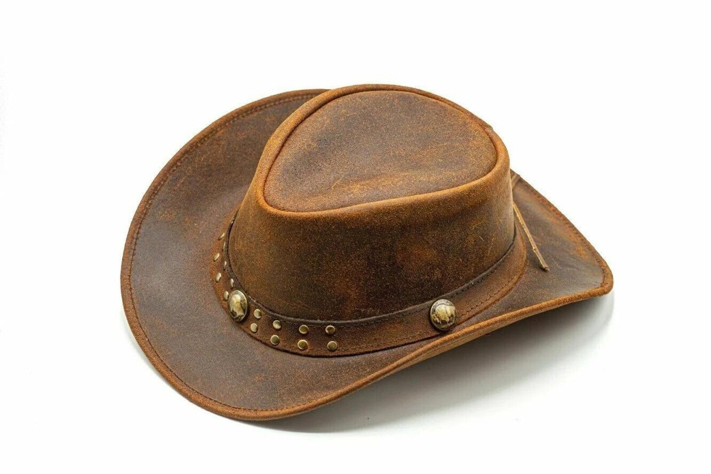 Vintage Brown Leather Cowboy Hat: Studded Band & Concho