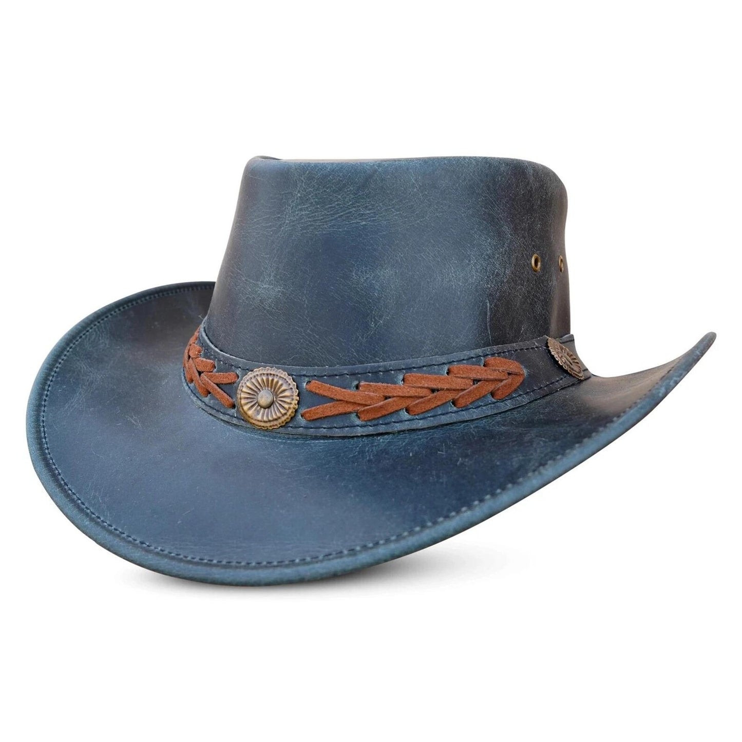 Blue Leather Cowboy Hat: Wide Brim Western Hat with Sunburst Conchos