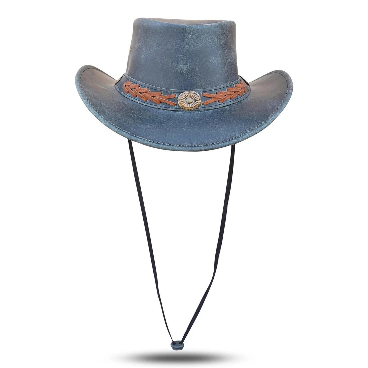 Blue Leather Cowboy Hat: Wide Brim Western Hat with Sunburst Conchos
