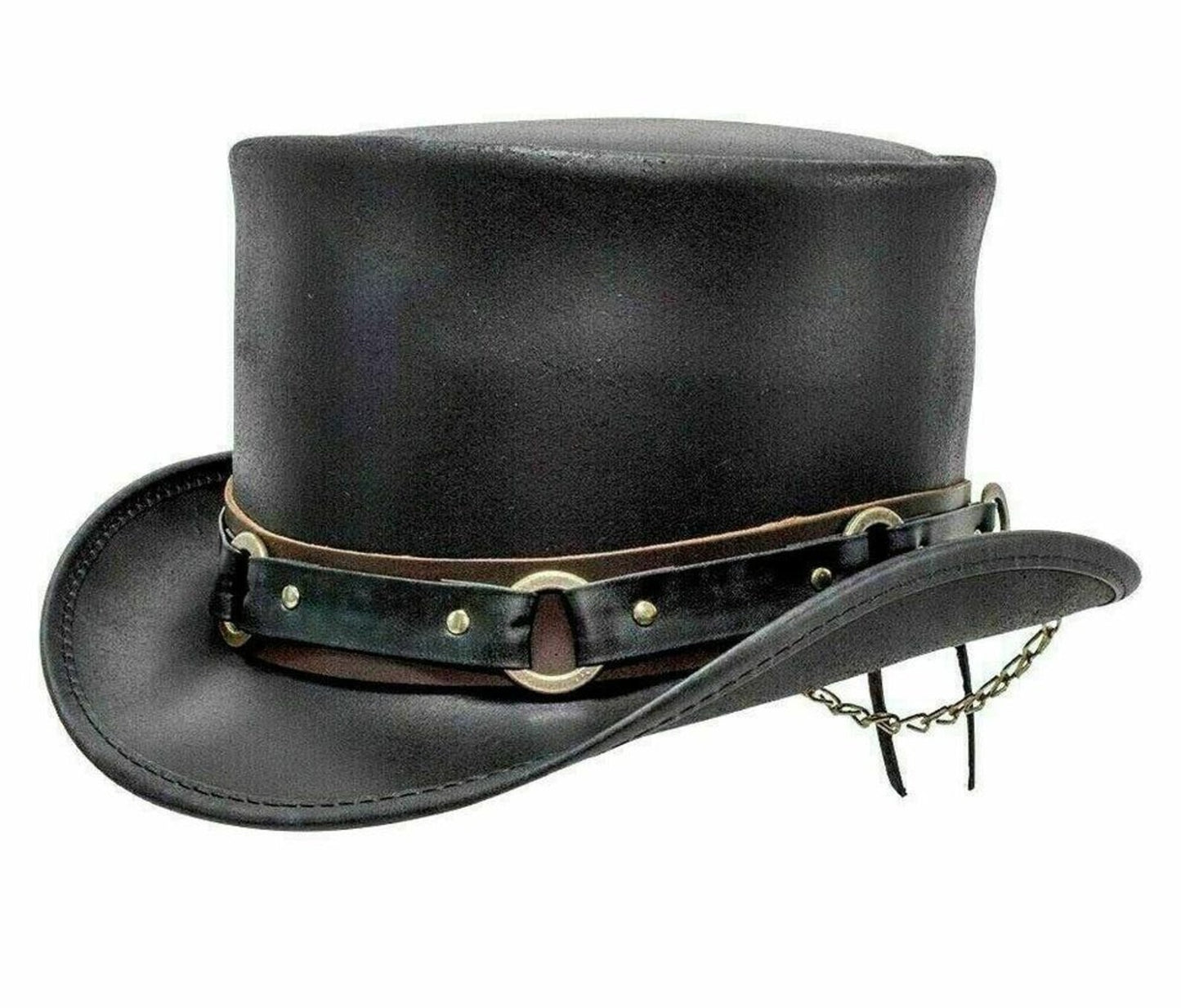 Hand-Crafted Black Leather Steampunk Top Hat | Gothic Chain & Brass Ring Accent | Victorian Cowboy Cylinder
