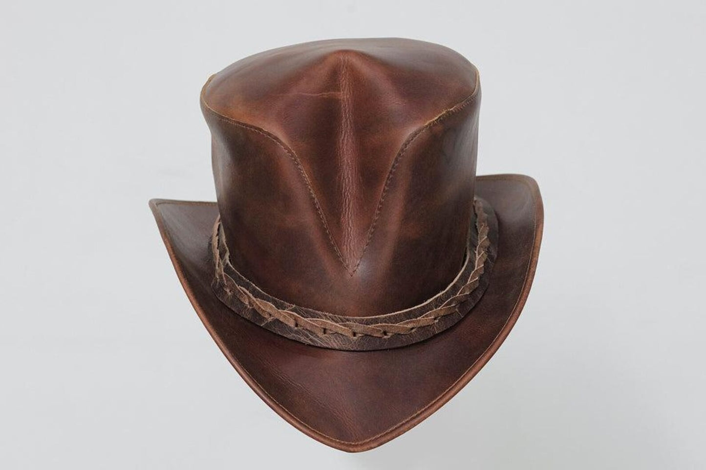 Handmade Brown Leather Cowboy Top Hat | Genuine Cowhide | Vintage Western Festival Steampunk