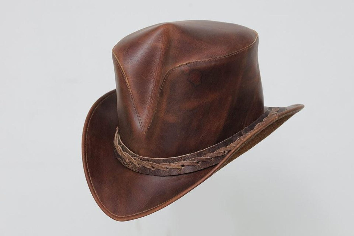 Handmade Brown Leather Cowboy Top Hat | Genuine Cowhide | Vintage Western Festival Steampunk