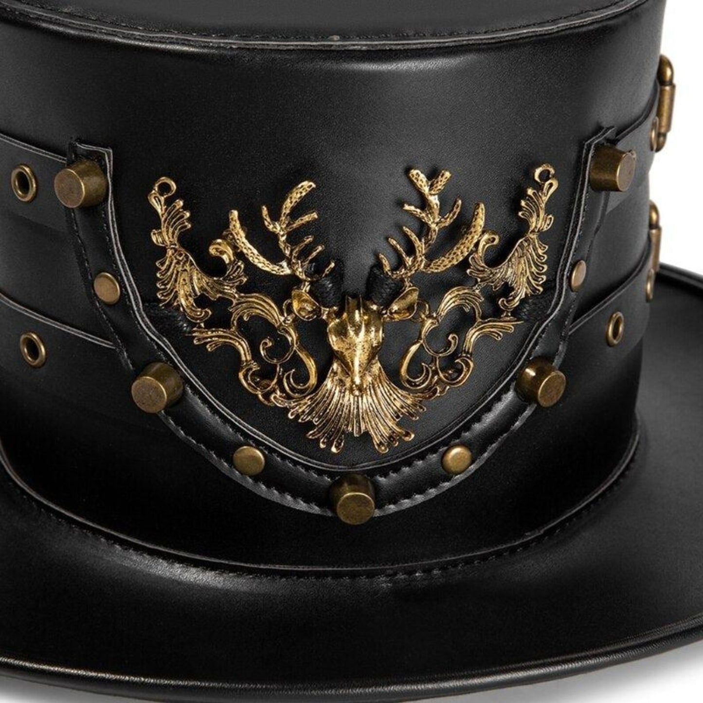 Black Leather Steampunk Top Hat: Stag Emblem, Viking Cosplay