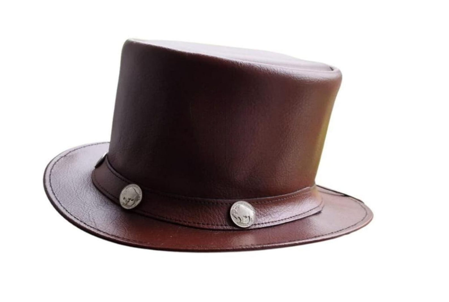 Handmade Rustic Brown Leather Top Hat: Steampunk Skull Conchos