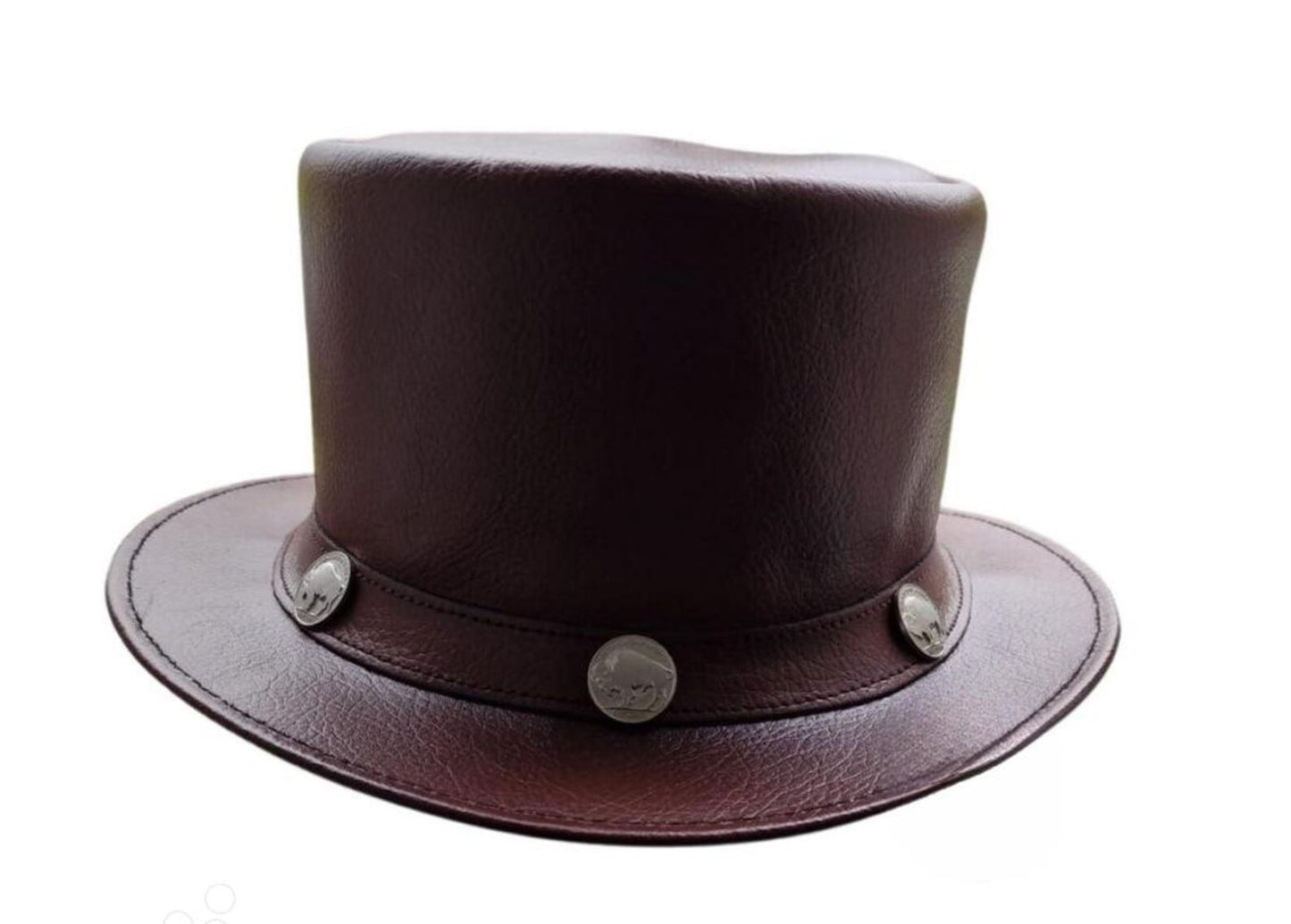 Handmade Rustic Brown Leather Top Hat: Steampunk Skull Conchos