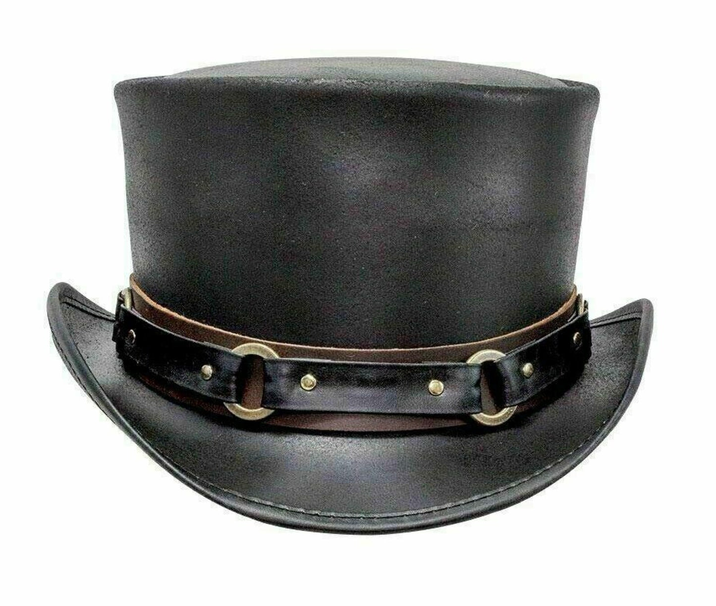 Black Leather Steampunk Top Hat | Ring & Chain Band | Gothic Festival Hat