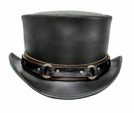 Black Leather Steampunk Top Hat | Ring & Chain Band | Gothic Festival Hat