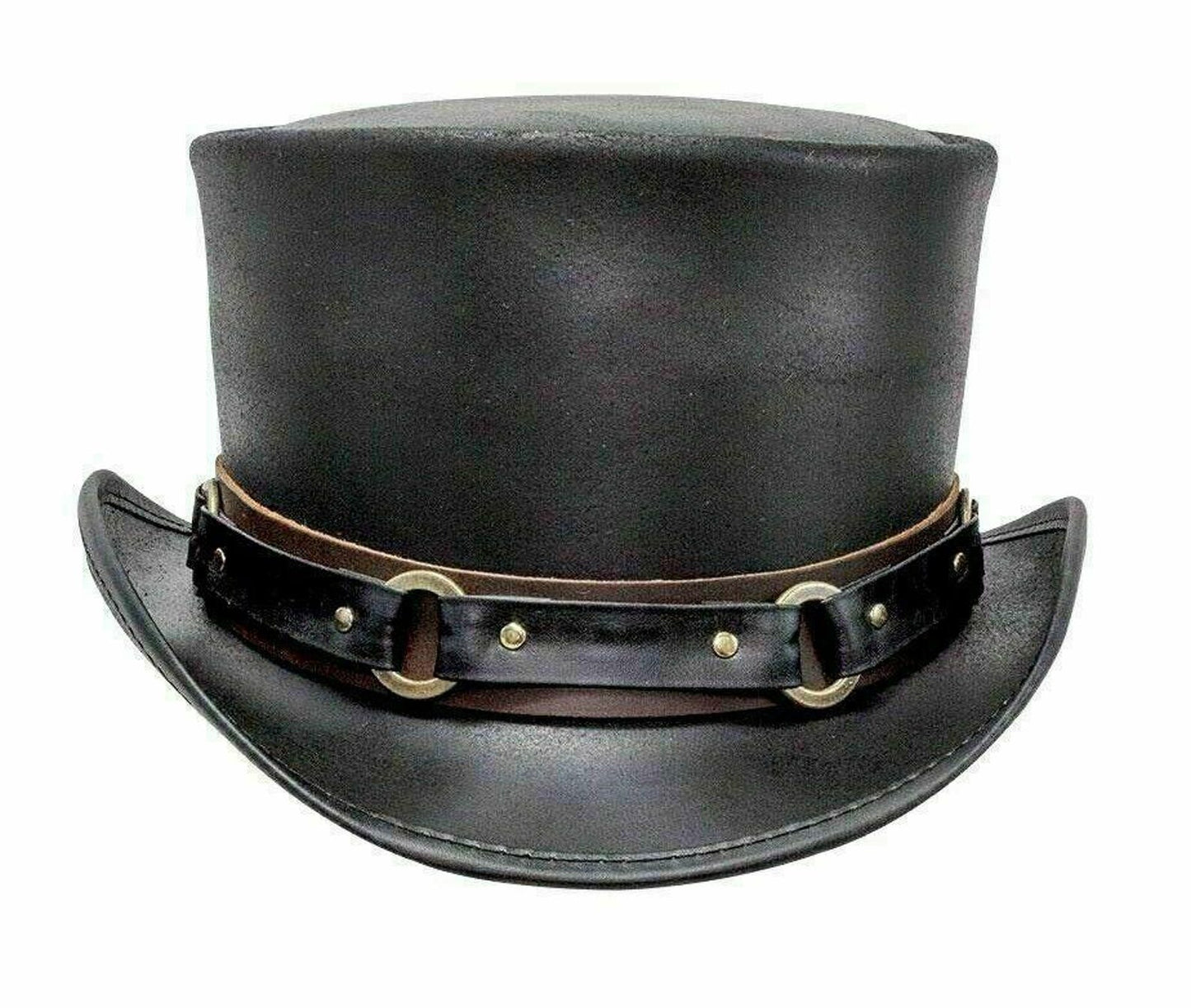 Hand-Crafted Black Leather Steampunk Top Hat | Gothic Chain & Brass Ring Accent | Victorian Cowboy Cylinde