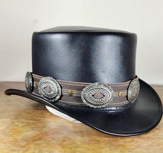 Black Leather Top Hat with Concho Band | Handmade Steampunk Cowhide Hat