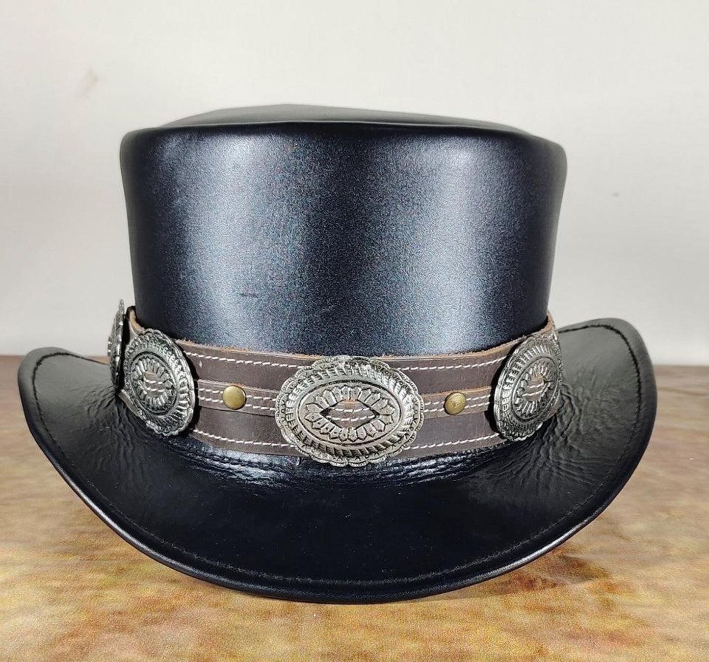 Black Leather Top Hat with Concho Band | Handmade Steampunk Cowhide Hat