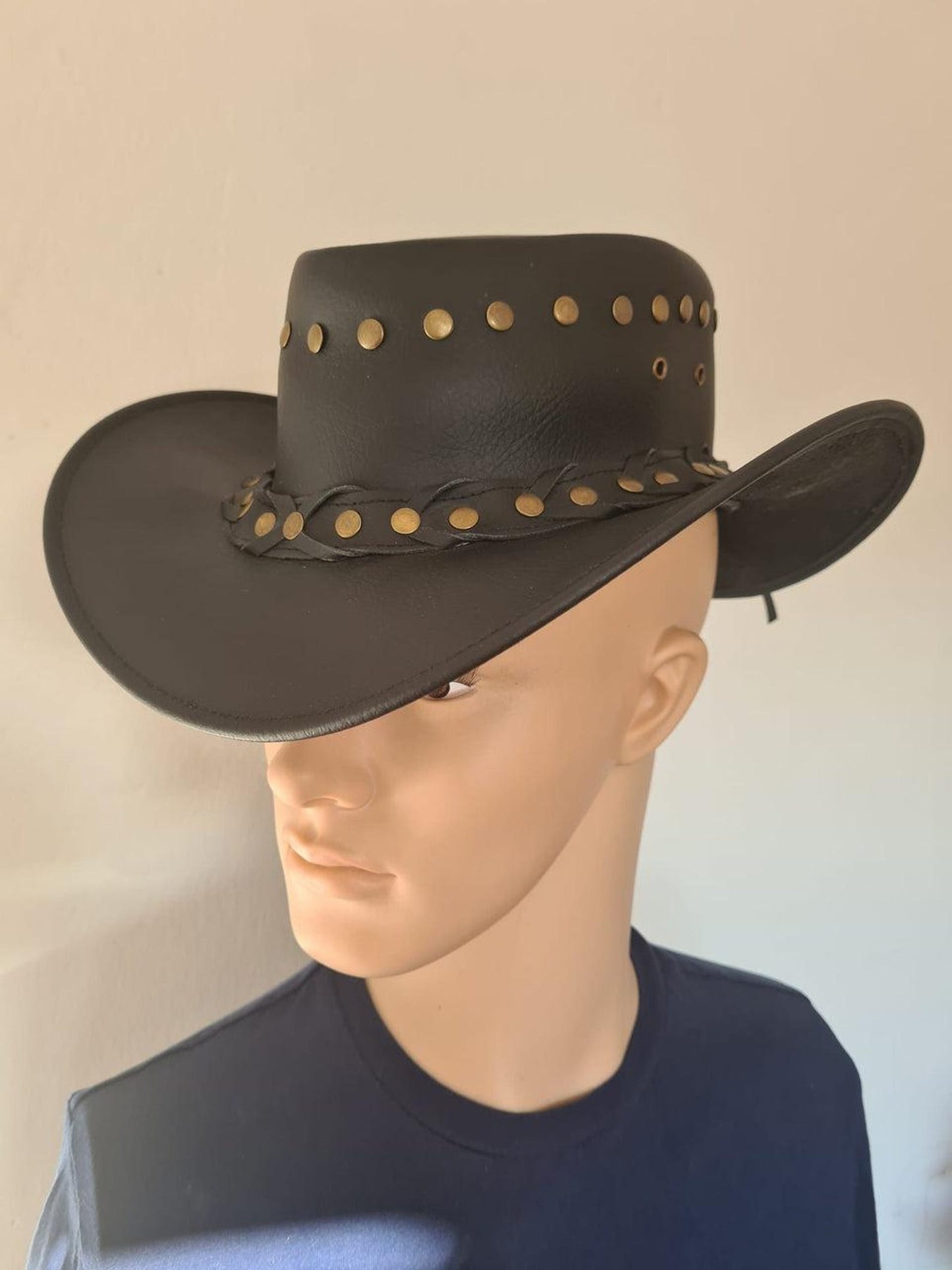Black Leather Cowboy Hat with Brass Studs | Handmade Cowhide Western Steampunk Festival Hat Unisex