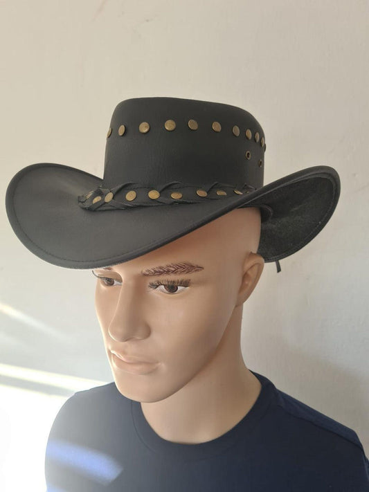 Black Leather Cowboy Hat with Brass Studs | Handmade Cowhide Western Steampunk Festival Hat Unisex