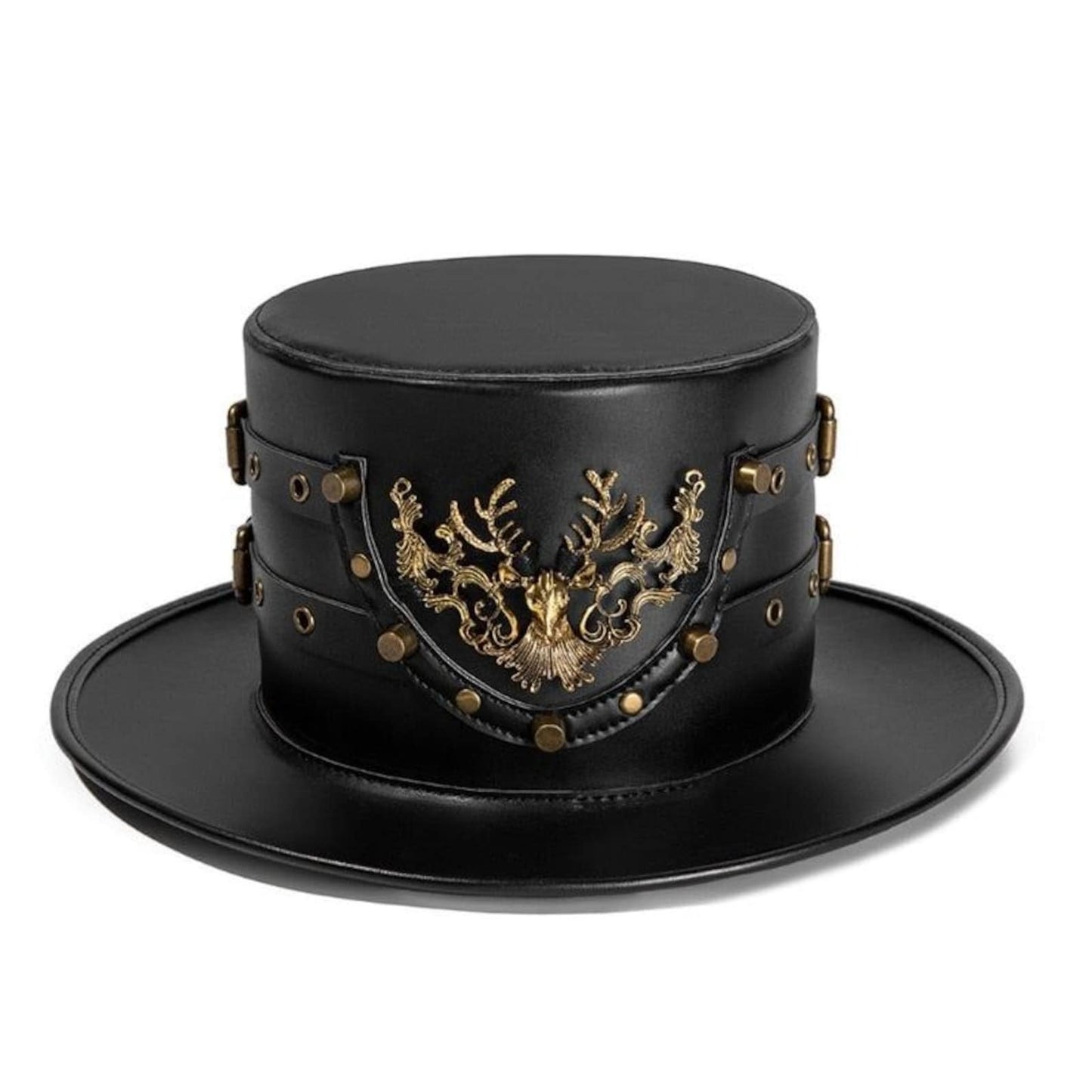 Black Leather Steampunk Top Hat: Stag Emblem, Viking Cosplay