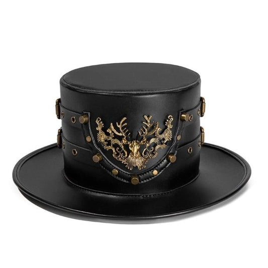 Black Leather Steampunk Top Hat: Stag Emblem, Viking Cosplay