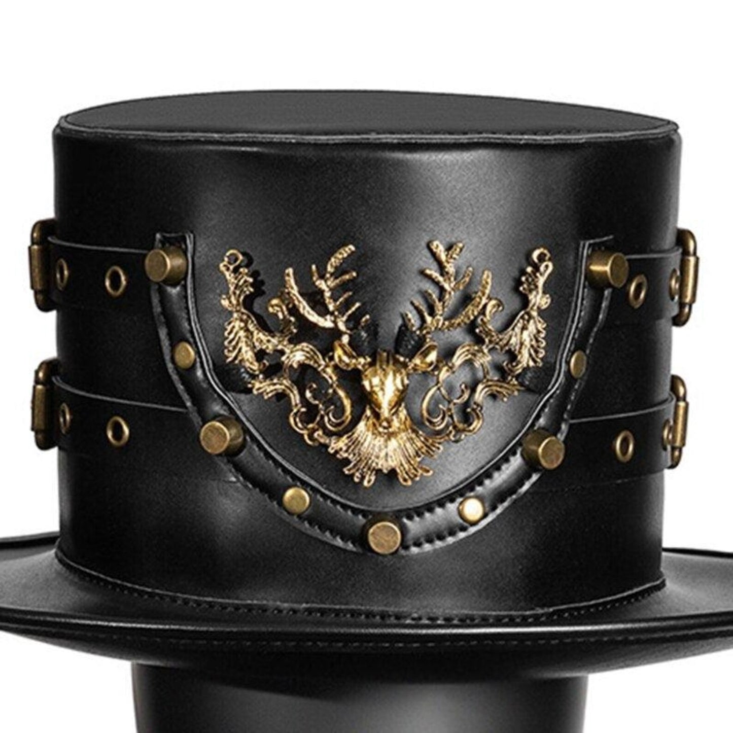 Black Leather Steampunk Top Hat: Stag Emblem, Viking Cosplay