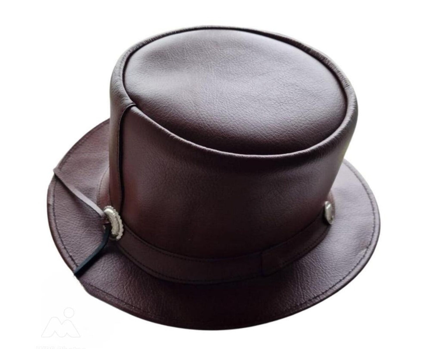 Handmade Rustic Brown Leather Top Hat: Steampunk Skull Conchos