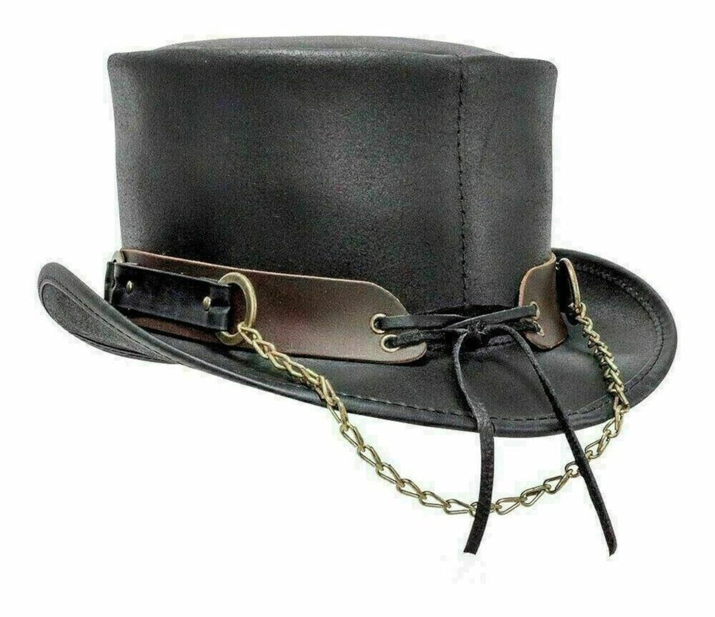 Black Leather Steampunk Top Hat | Ring & Chain Band | Gothic Festival Hat