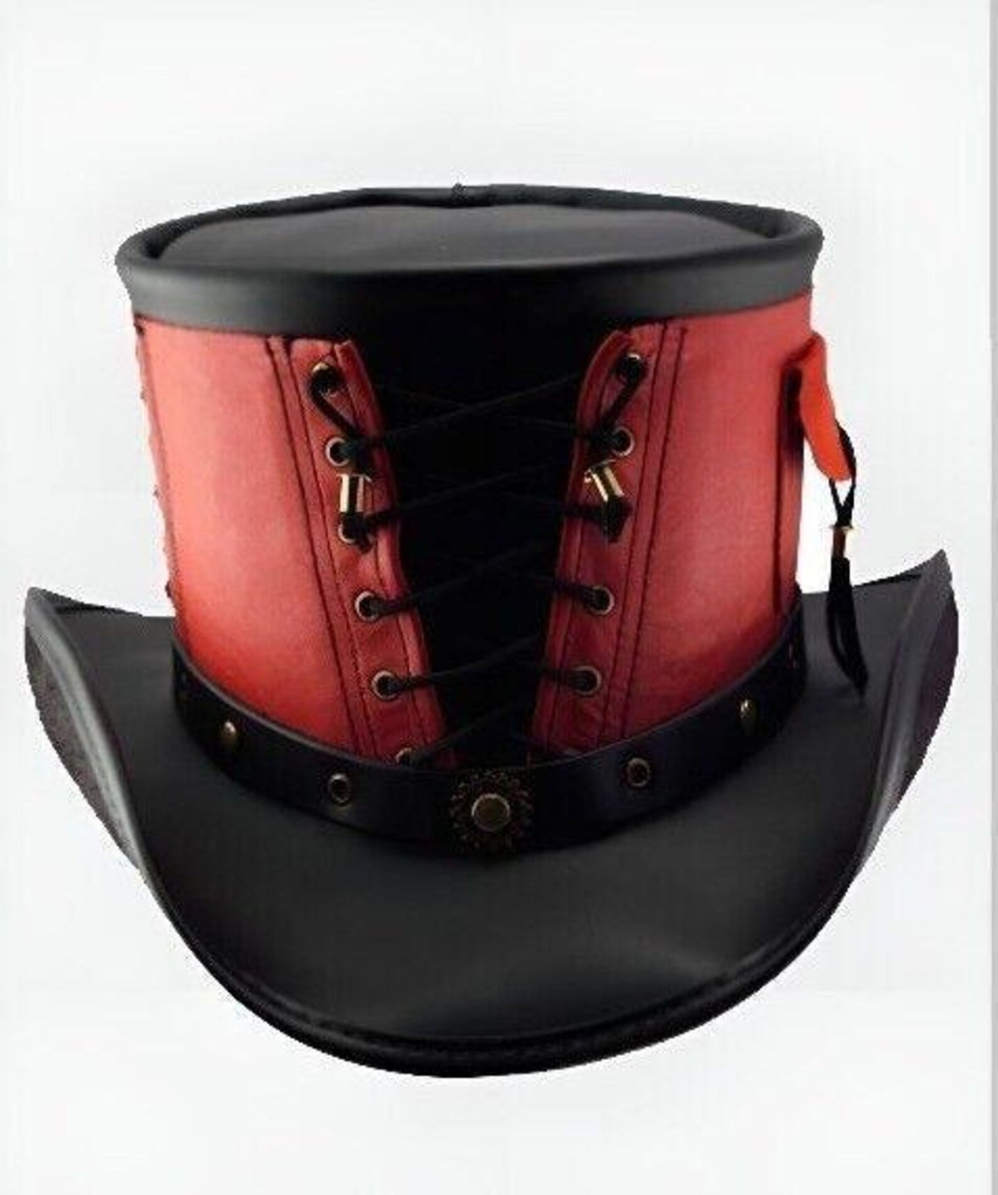 Red & Black Leather Steampunk Top Hat | Lace-Up Corset Detail | Gothic Cosplay Hat