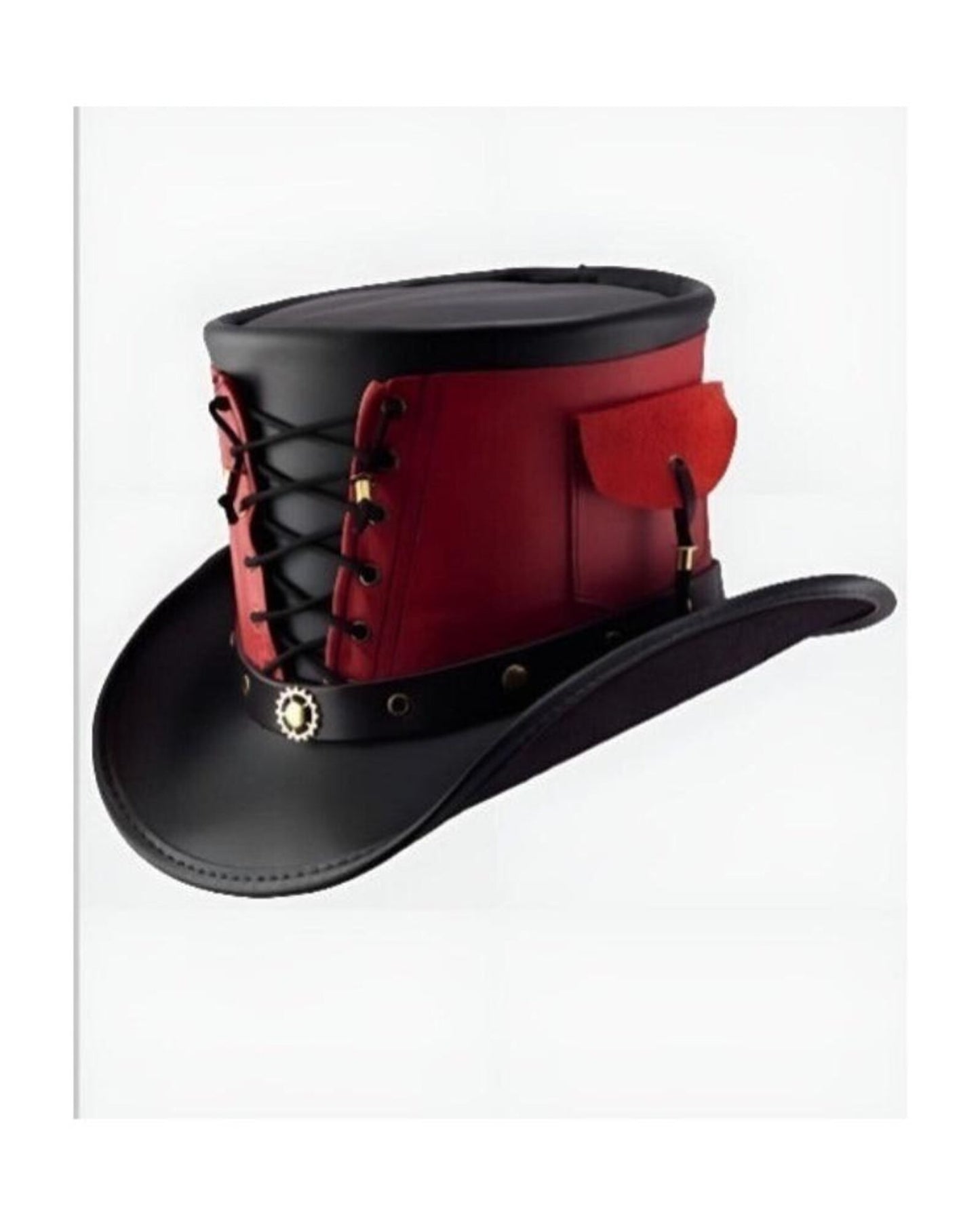 Red & Black Leather Steampunk Top Hat | Lace-Up Corset Detail | Gothic Cosplay Hat