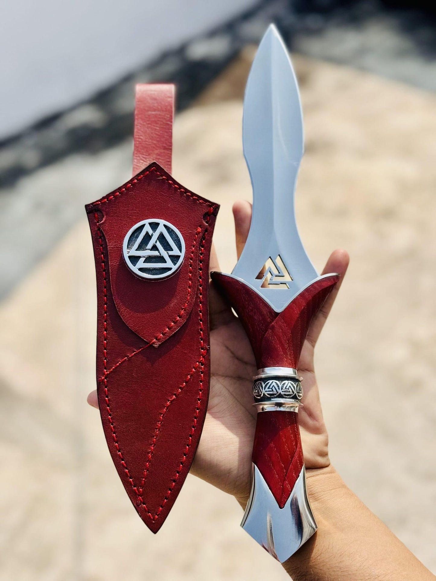 Hand Forged Red Valknut Dagger  | Norse Symbol Rune Knife |