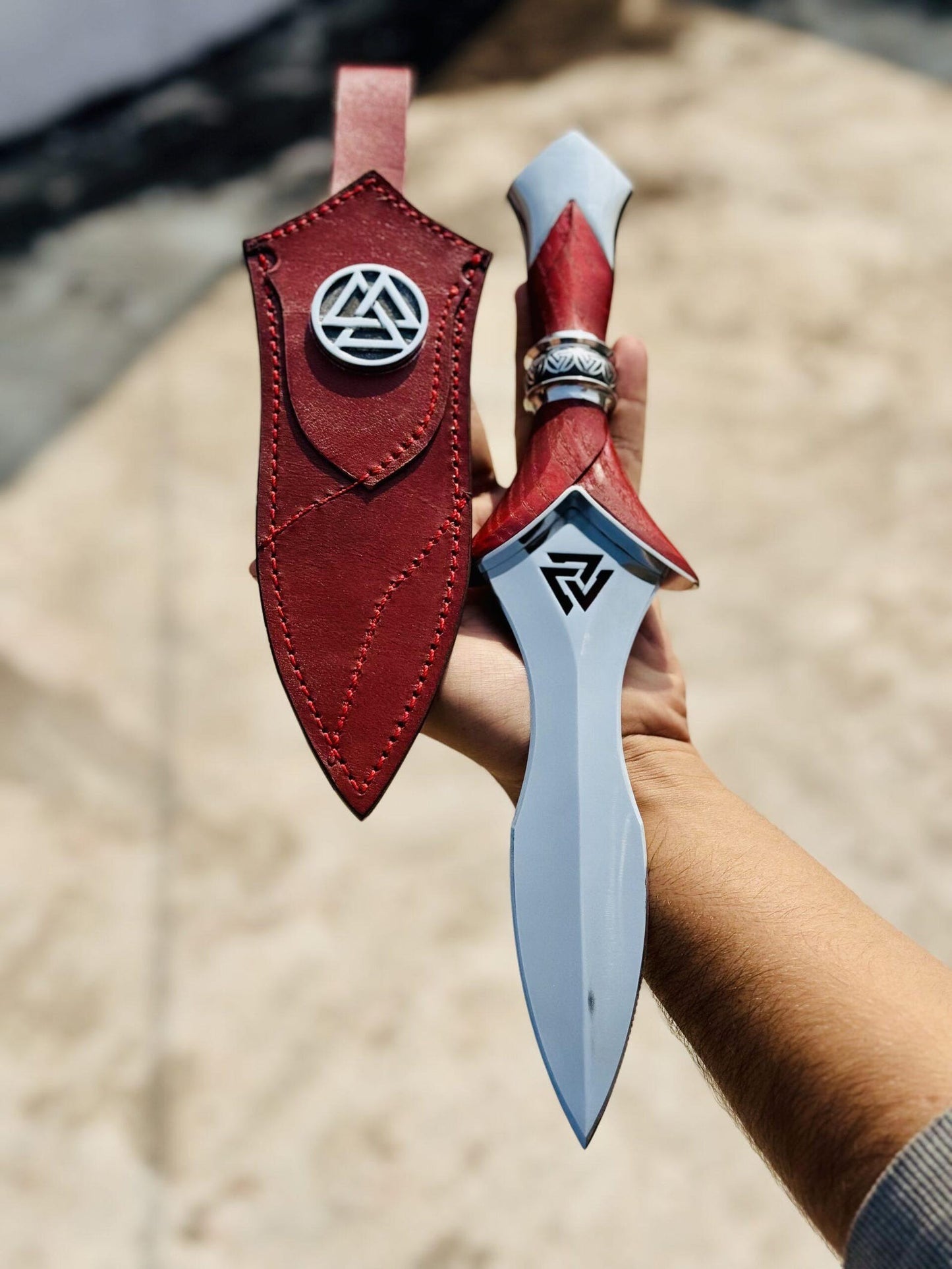 Hand Forged Red Valknut Dagger  | Norse Symbol Rune Knife |
