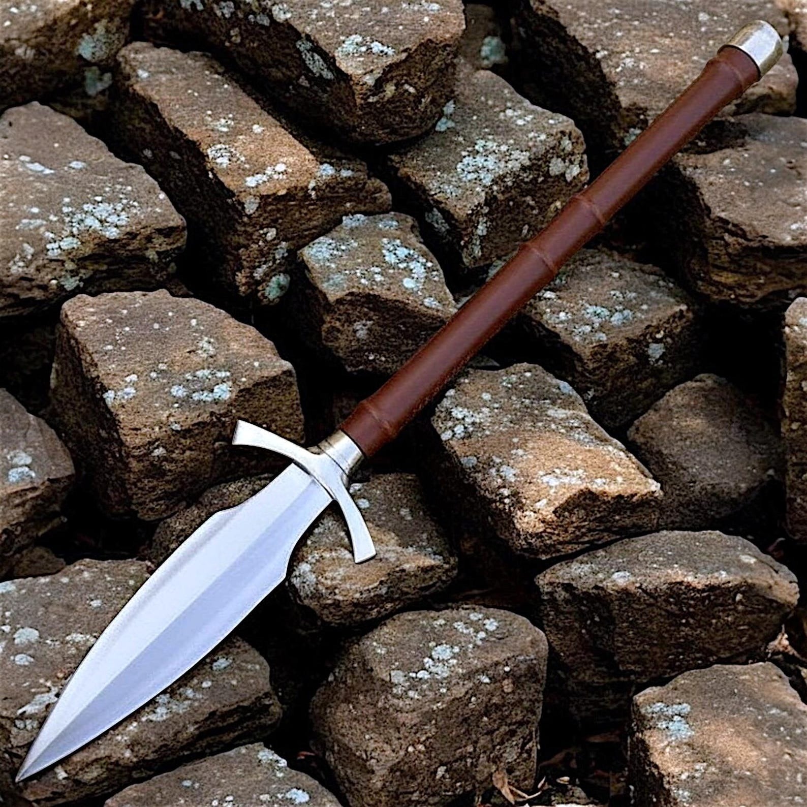 Hand-Forged Viking Short Spear - Leather Wrapped Hewing Spear with Crossguard