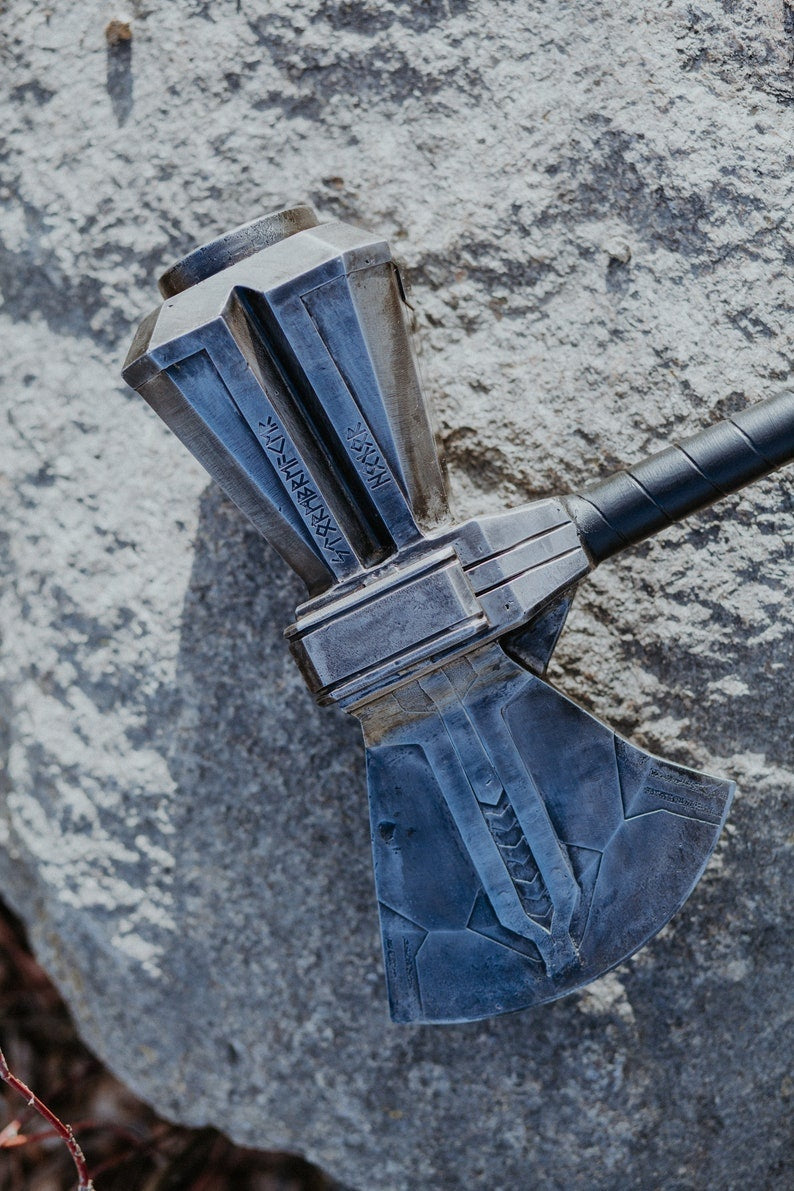 Hand Forged Steel Stormbreaker Axe Replica – Thor Battle Axe Metal Weapon with Leather Wrapped Handle for Cosplay & Display