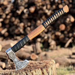 VW-5 Handmade Viking Axe, Forged axe with leather sheath, - Valknut Warriors