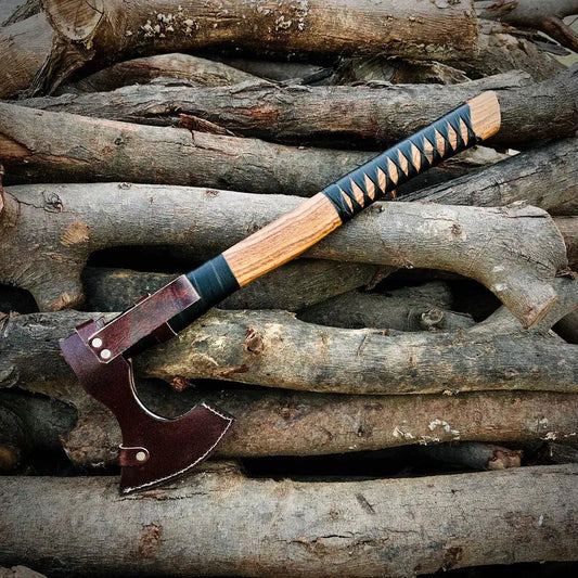 VW-5 Handmade Viking Axe, Forged axe with leather sheath, - Valknut Warriors