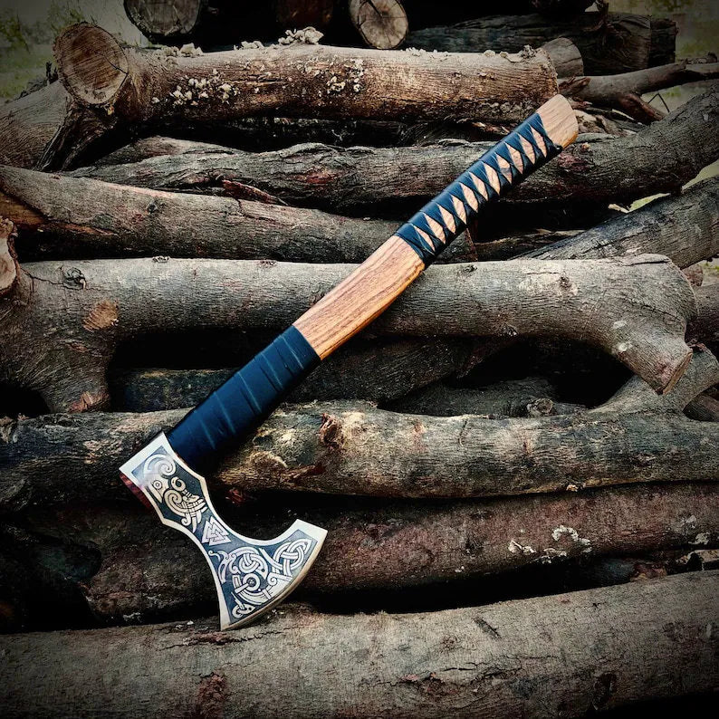 VW-5 Handmade Viking Axe, Forged axe with leather sheath, - Valknut Warriors